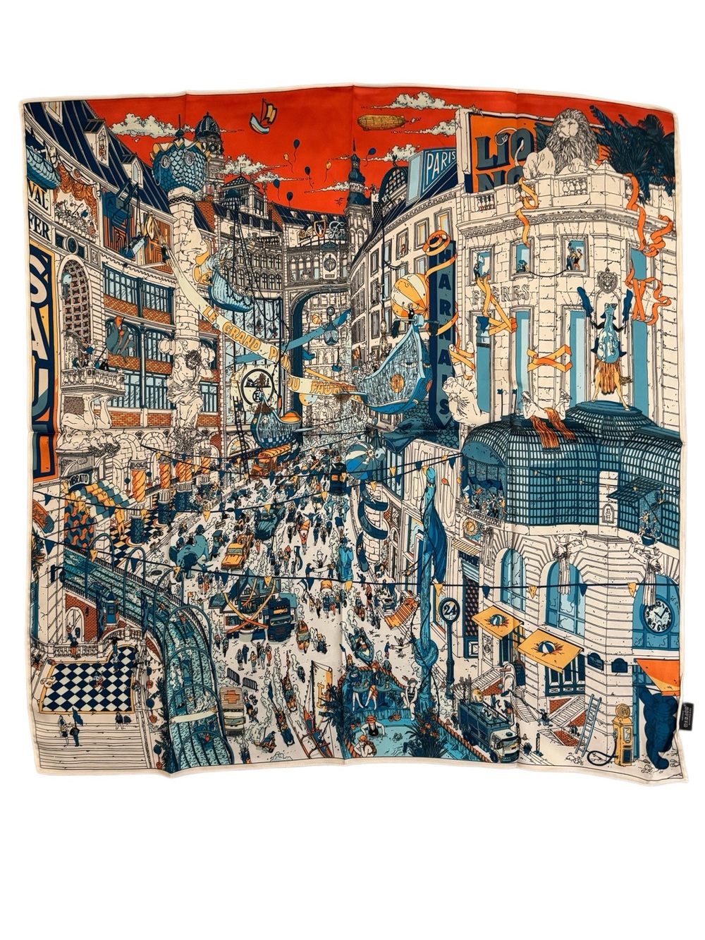 Designer-style 90cm Silk Illustrated Cityscape Silk Scarf in Orange& Cream New